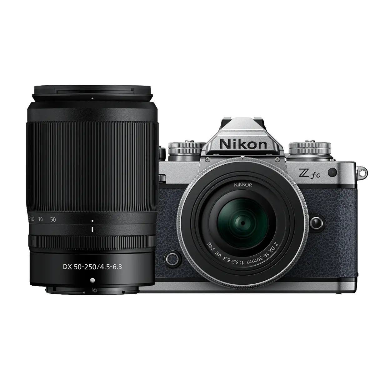 Nikon Z fc mirrorless camera in black with two zoom lenses