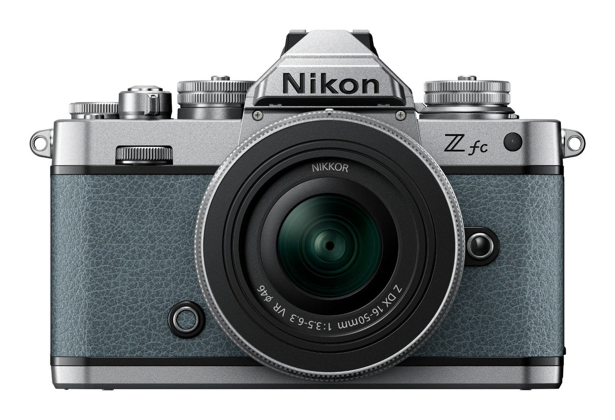 Nikon Z fc Chalk Blue mirrorless camera with Nikkor 16-50mm VR SL lens