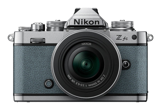 Nikon Z fc Chalk Blue mirrorless camera with Nikkor 16-50mm VR SL lens
