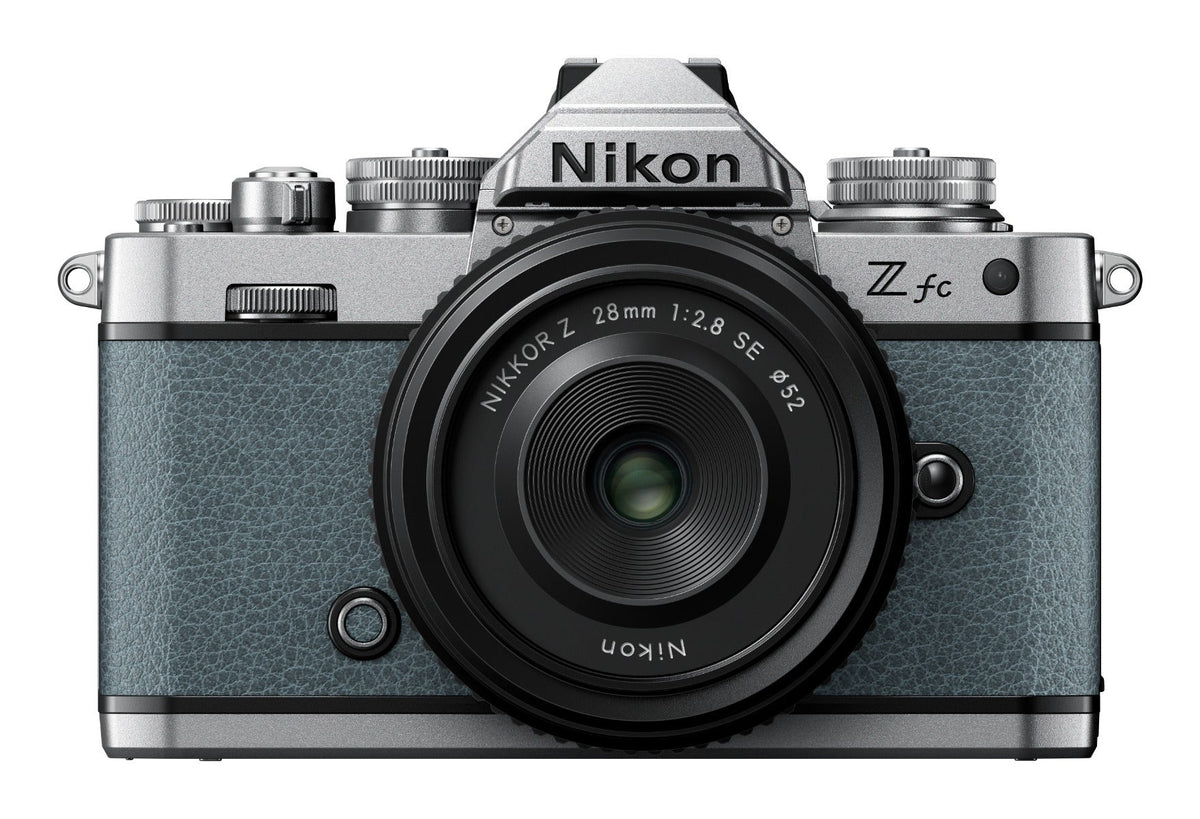 Nikon Z fc Chalk Blue mirrorless camera with Nikkor Z 28mm f/2.8 SE lens