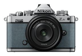 Nikon Z fc Chalk Blue mirrorless camera with Nikkor Z 28mm f/2.8 SE lens