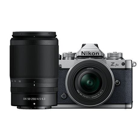 Nikon Z fc Midnight Grey mirrorless camera with two Nikkor Z zoom lenses
