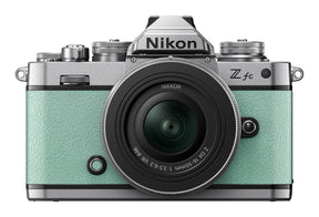 Nikon Z fc mirrorless camera in mint green with 16-50mm lens