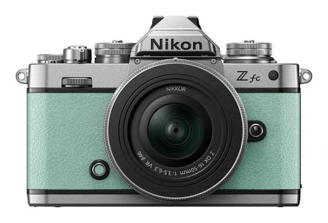 Nikon Z fc mirrorless camera in mint green with 16-50mm lens