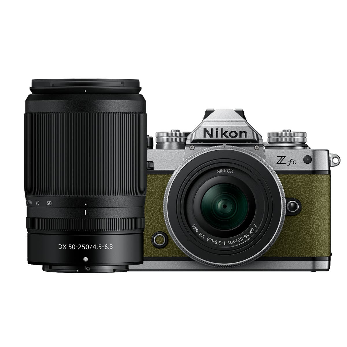 Nikon Z fc Olive Green mirrorless camera with two Nikkor Z zoom lenses