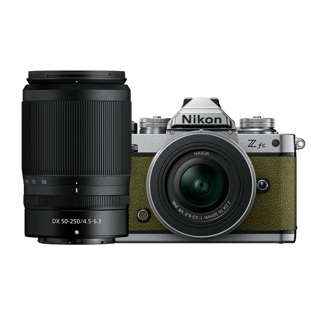 Nikon Z fc Olive Green mirrorless camera with two Nikkor Z zoom lenses