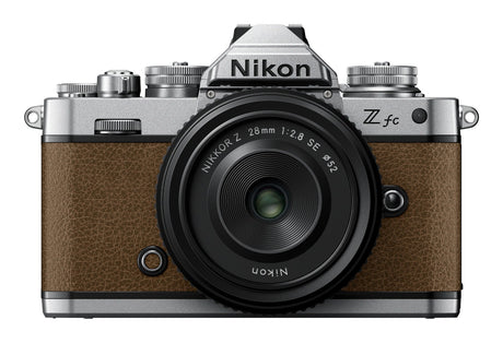 Nikon Z fc Walnut Brown mirrorless camera with Nikkor Z 28mm f/2.8 SE lens