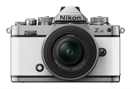 Nikon Z fc mirrorless camera in white with 16-50mm lens