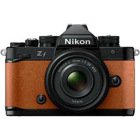 Nikon Zf full frame mirrorless camera in cognac brown with Nikkor Z 40mm f/2 SE lens