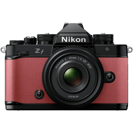 Nikon Zf full frame mirrorless camera in mauve pink with Nikkor Z 40mm f/2 SE lens
