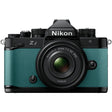 Nikon Zf full frame mirrorless camera in teal blue with Nikkor Z 40mm f/2 SE lens