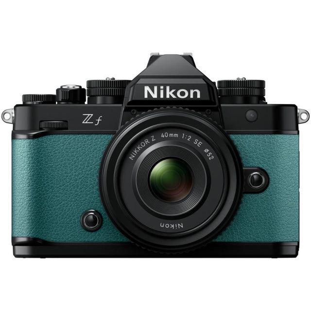 Nikon Zf full frame mirrorless camera in teal blue with Nikkor Z 40mm f/2 SE lens