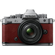 Nikon Zf full frame mirrorless camera in bordeaux red with Nikkor Z 40mm f/2 SE lens