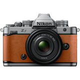 Nikon Zf full frame mirrorless camera in cognac brown with Nikkor Z 40mm f/2 SE lens
