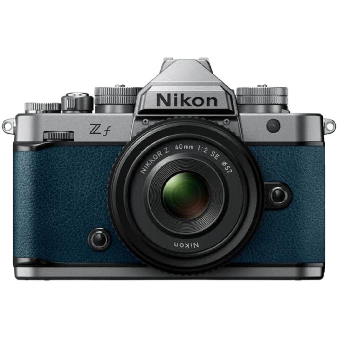 Nikon Zf full frame mirrorless camera in indigo blue with Nikkor 40mm f/2 SE lens