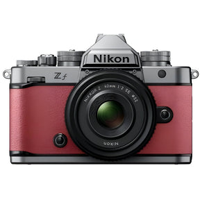 Nikon Zf full frame mirrorless camera in mauve pink with Nikkor Z 40mm f/2 SE lens