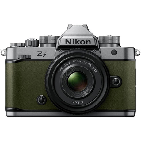 Nikon Zf full frame mirrorless camera in moss green with Nikkor Z 40mm f/2 SE lens
