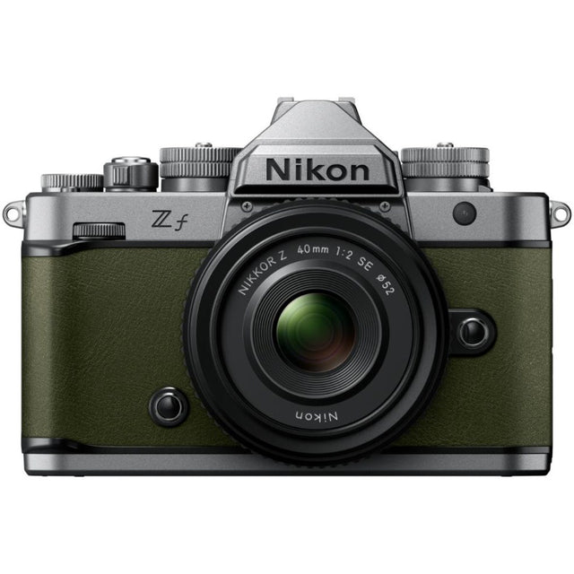 Nikon Zf full frame mirrorless camera in moss green with Nikkor Z 40mm f/2 SE lens
