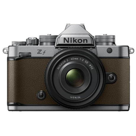 Nikon Zf full frame mirrorless camera in sepia brown with Nikkor Z 40mm f/2 SE lens