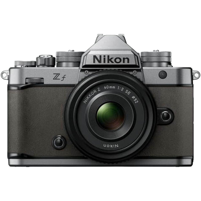 Nikon Zf full frame mirrorless camera in stone grey with Nikkor Z 40mm f/2 SE lens