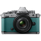Nikon Zf full frame mirrorless camera in teal blue with Nikkor Z 40mm f/2 SE lens