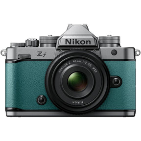 Nikon Zf full frame mirrorless camera in teal blue with Nikkor Z 40mm f/2 SE lens