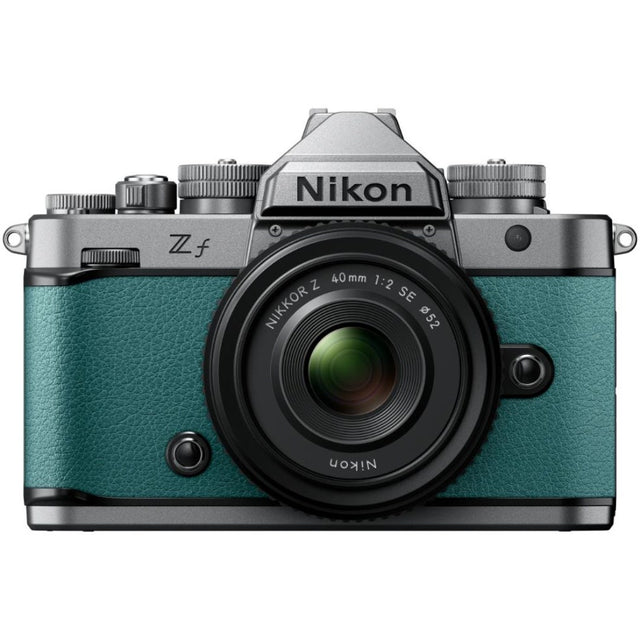 Nikon Zf full frame mirrorless camera in teal blue with Nikkor Z 40mm f/2 SE lens