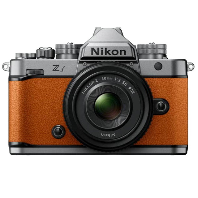 Nikon Zf full frame mirrorless camera in sunset orange with Nikkor Z 40mm f/2 SE lens