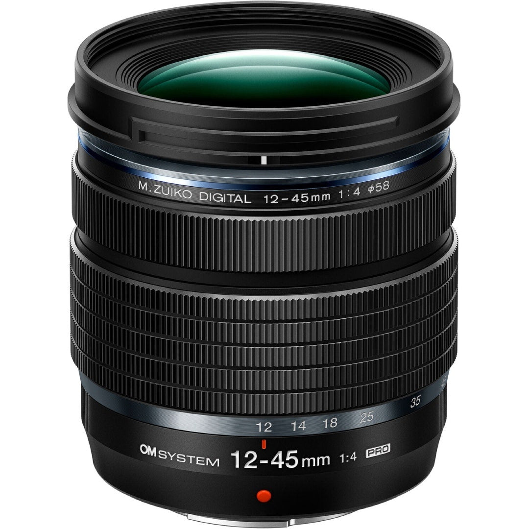 OM System 12-45mm f/4 PRO black lens