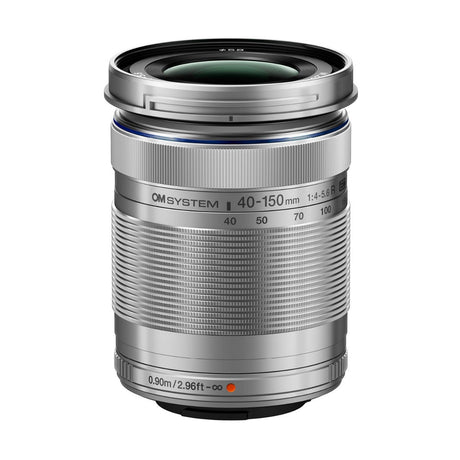 OM System 40-150mm f/4.0-5.6mm R silver telephoto lens