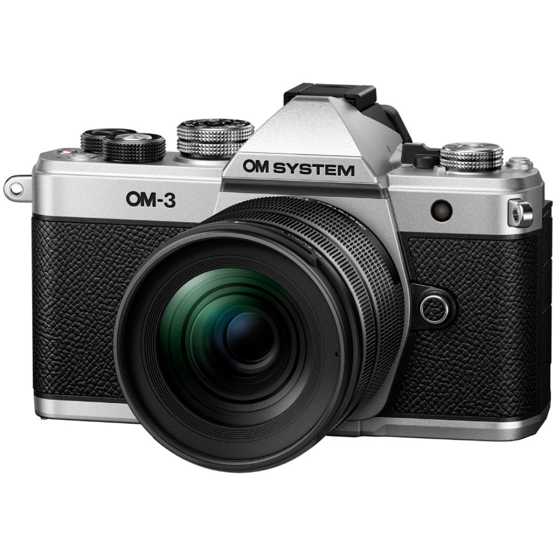 OM System OM-3 black mirrorless camera with 12-45mm f/4 Pro lens