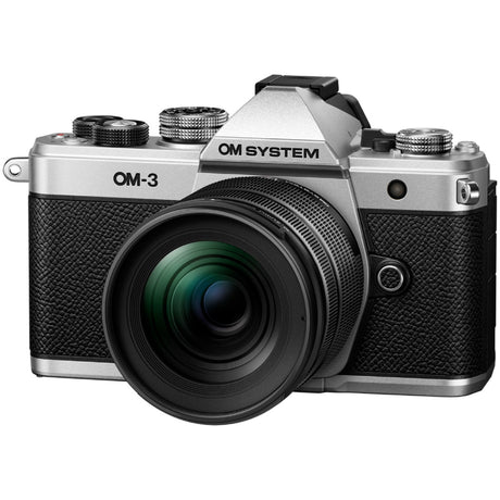 OM System OM-3 black mirrorless camera with 12-45mm f/4 Pro lens