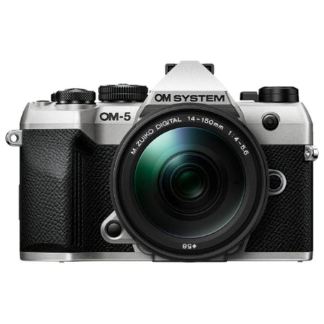 OM SYSTEM OM-5 Mark II Silver camera with 14-150mm f/4.0-5.6 Mark II lens
