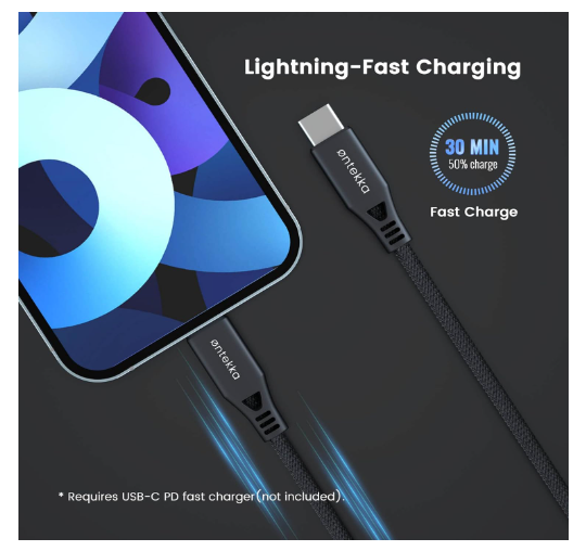 Ontekka Lightning to USB-C Cable - Grey 1.2m Length - additional product view