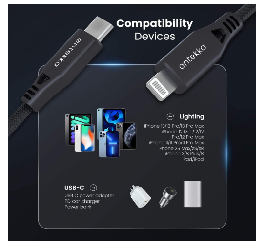 Ontekka Lightning to USB-C Cable - Grey 1.2m Length - additional product view
