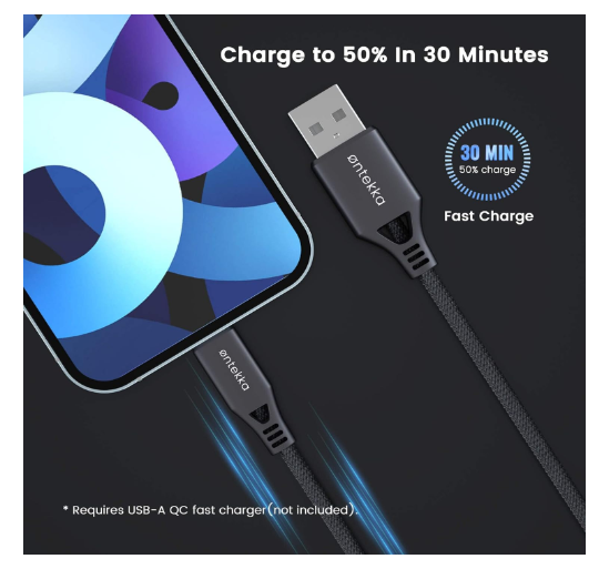Ontekka USB-A to USB-C Cable Grey 1.2m Length - additional product view
