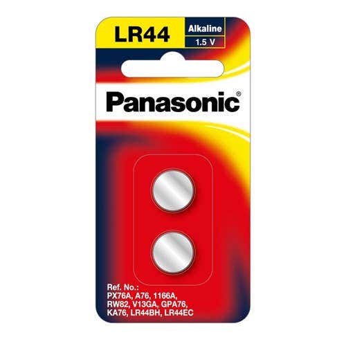 Panasonic LR44 button cell alkaline batteries, pack of 2.