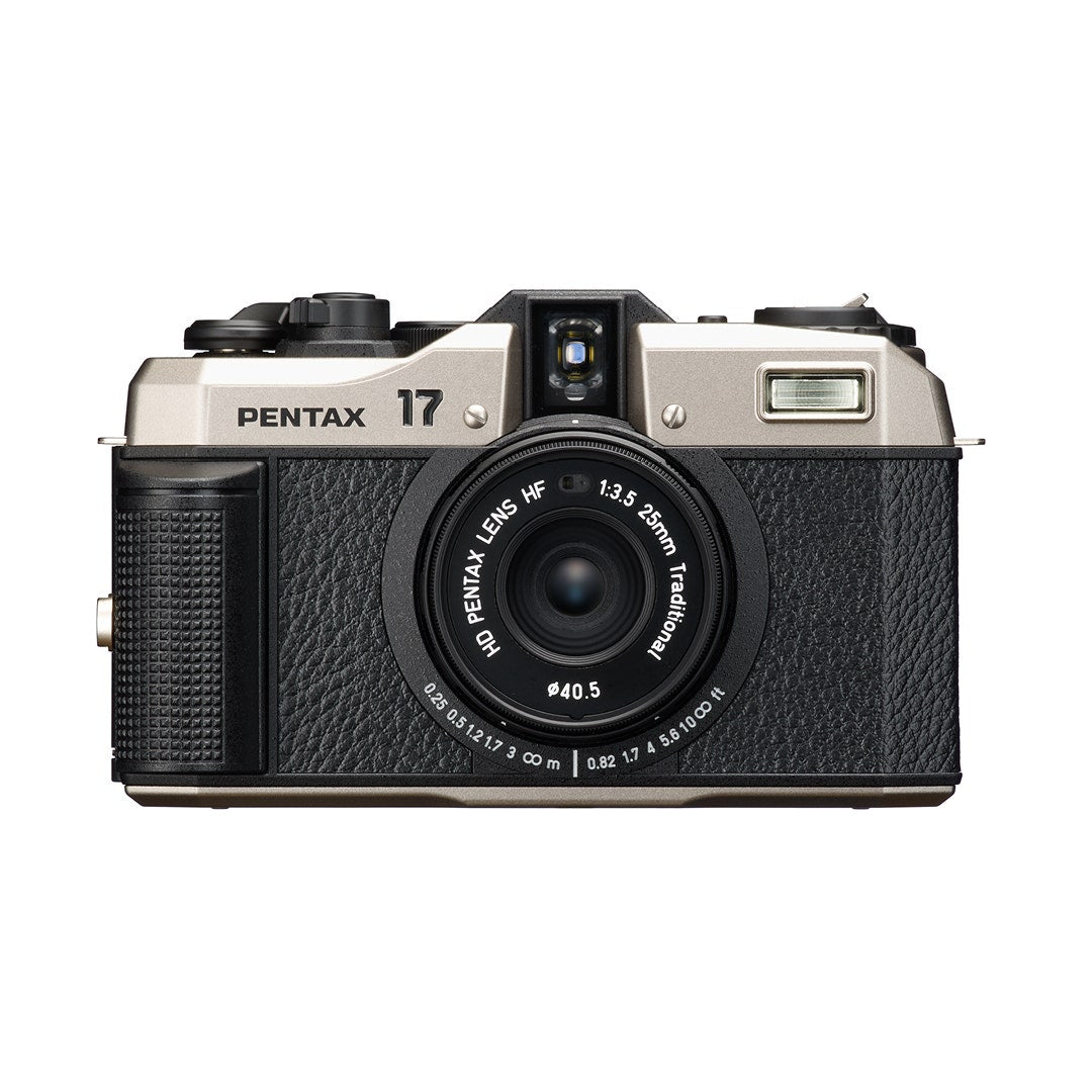 Pentax 17 HF 35mm half frame compact film camera in silver and black