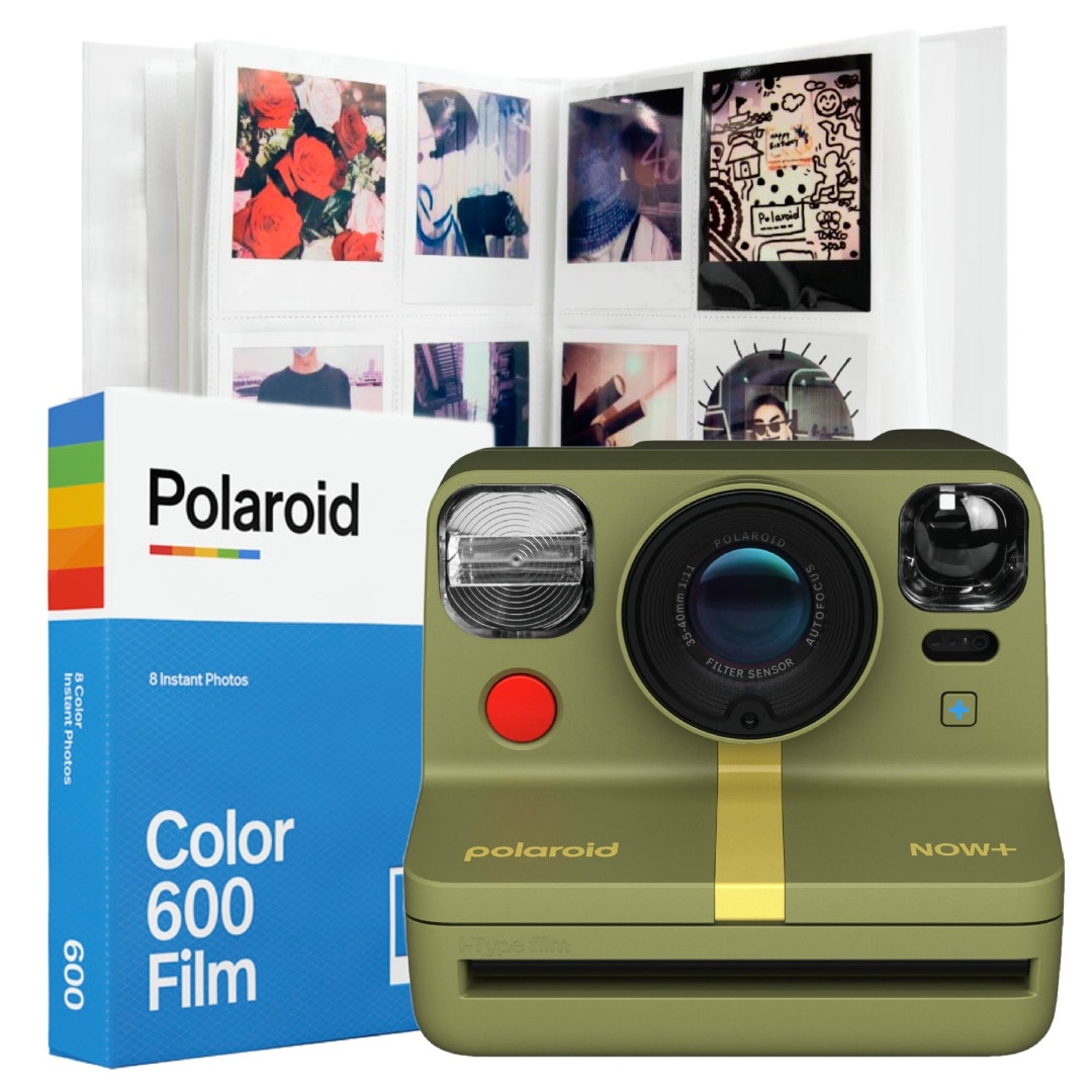 Polaroid Now+ Gen 2 camera in forest green with album and film