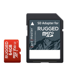 ProMaster microSD Rugged 64GB memory card with adapter.
