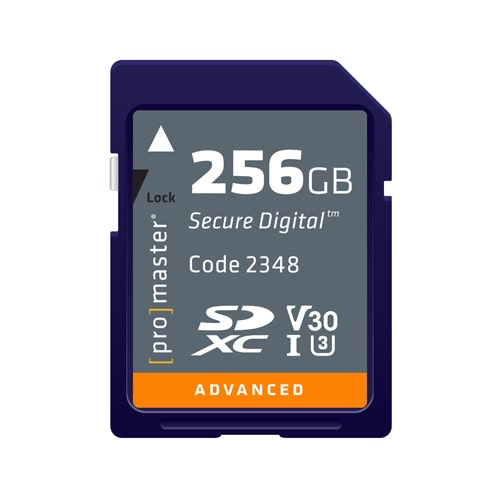 ProMaster SDXC Advanced 256GB memory card, UHS-I, U3, V30.