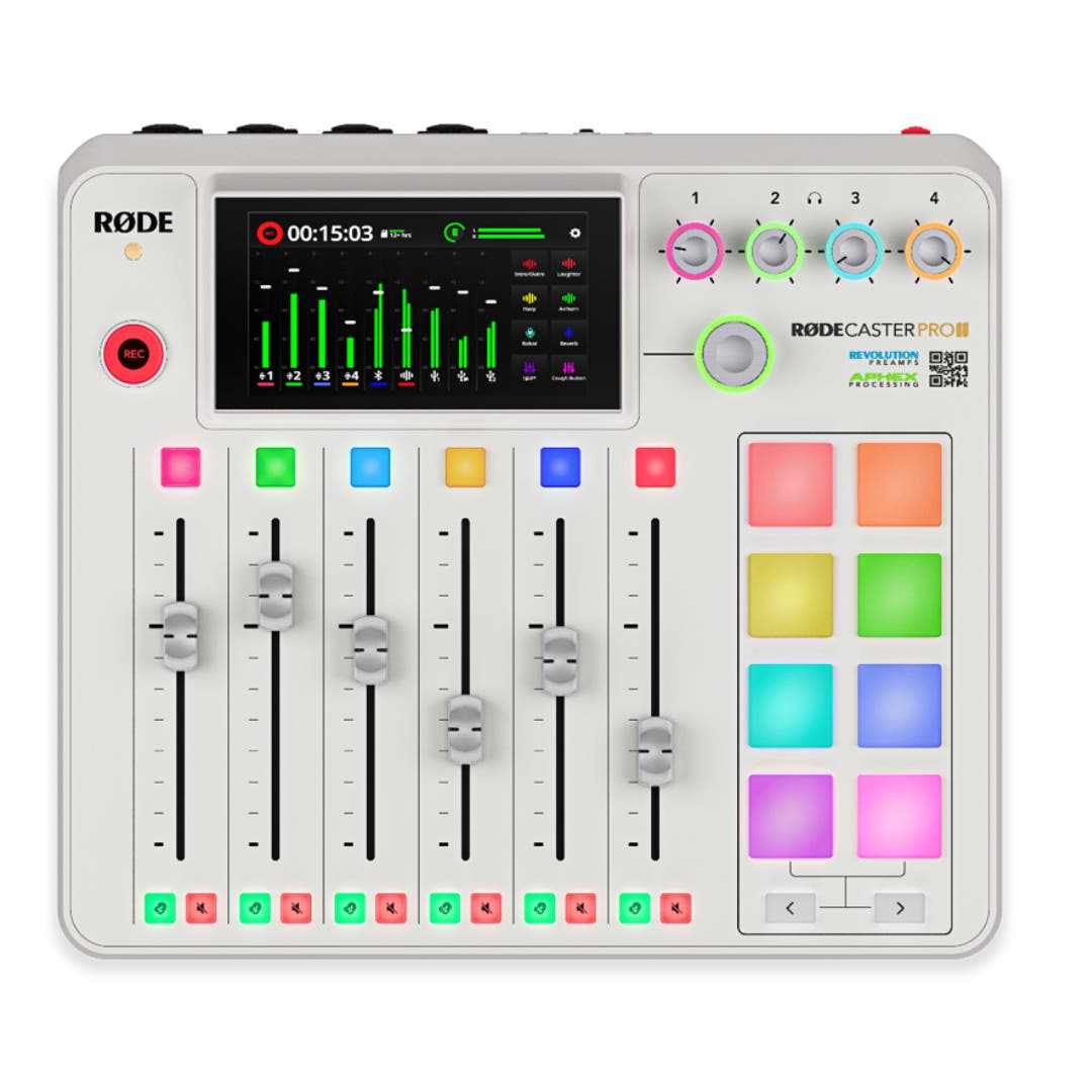 Rode RodeCaster Pro II integrated podcast production studio in white