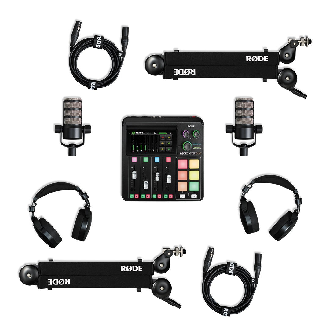 Rode Two Person Podcasting Bundle with RodeCaster Duo, 2 PodMic, NTH100, PSA1+ and XLR3M