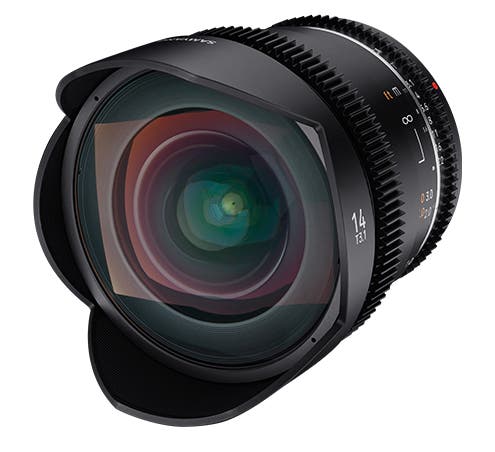 Samyang 14mm T3.1 MK2 VDSLR CINE lens with Canon EF mount, full frame.