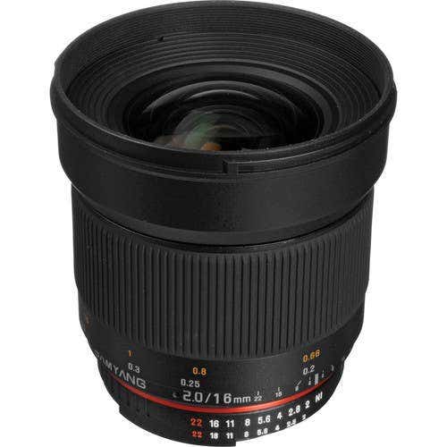 Samyang 16mm f/2.0 UMC II lens for Nikon F APS-C mount.