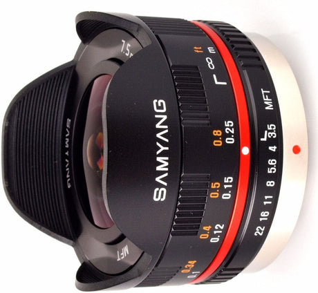 Samyang 7.5mm f3.5 fisheye lens, Micro Four Thirds mount, black.