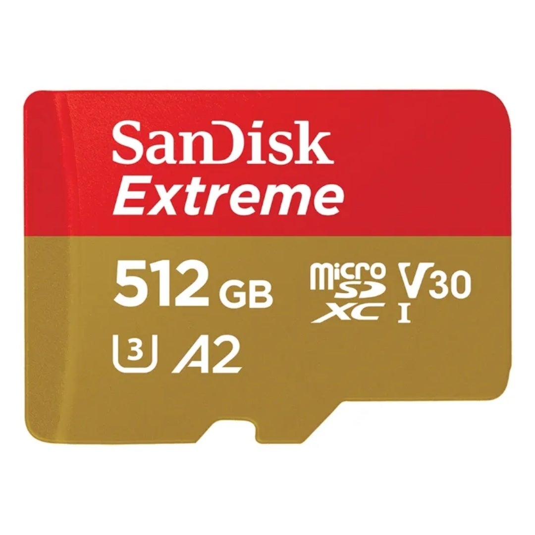 SanDisk Extreme microSDXC 512GB memory card with adapter.