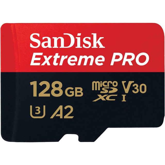 SanDisk Extreme Pro MicroSDXC 128GB memory card with adapter.