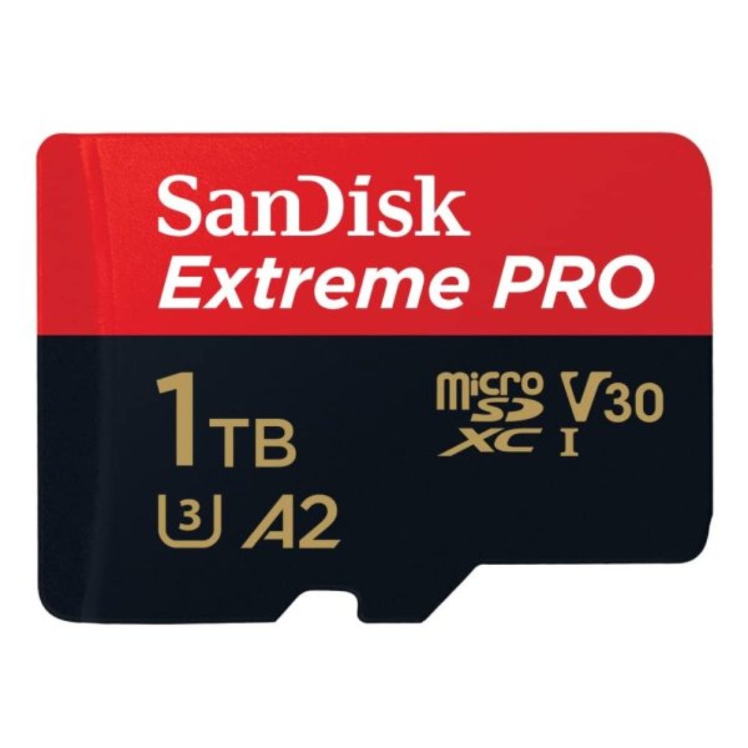 SanDisk Extreme Pro MicroSDXC 1TB memory card with adapter.