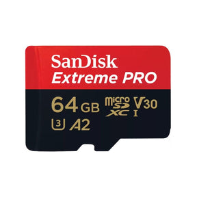 SanDisk Extreme Pro MicroSDXC 64GB memory card with adapter.